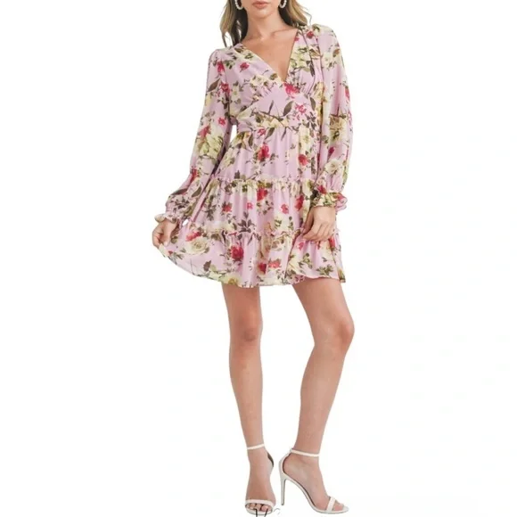 NWT Lush Long Sleeves Open Back Floral Pink Tiered Dress SZ Large - Picture 6 of 10
